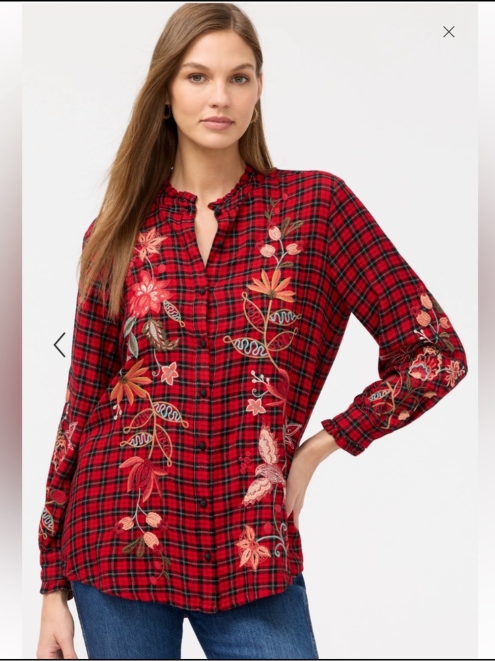 Johnny Was Penellope Ruffle Collar Blouse Amar Plaid Red Black Size Small NWT